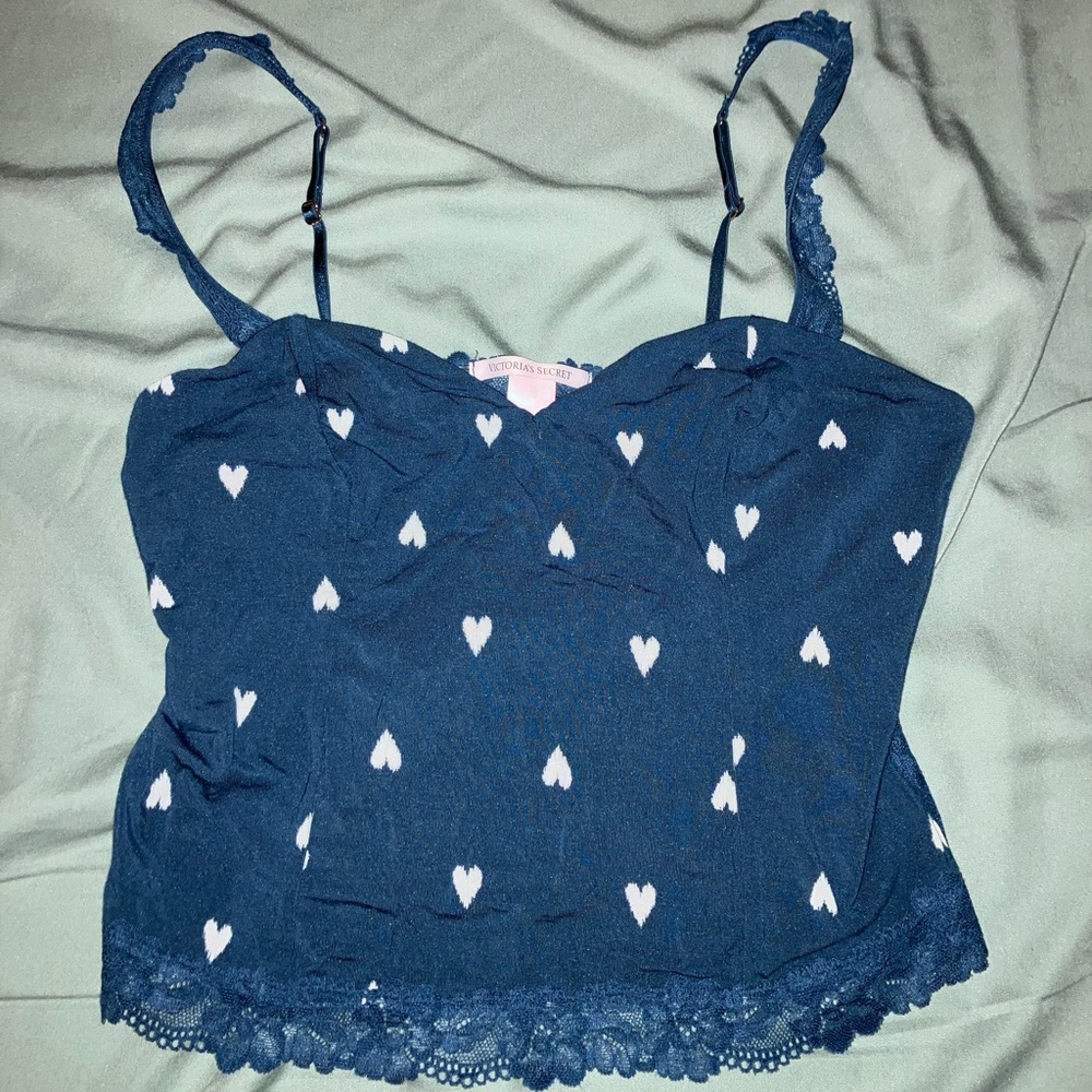 Size M Blue and White Heart Night Tank Top With Lace